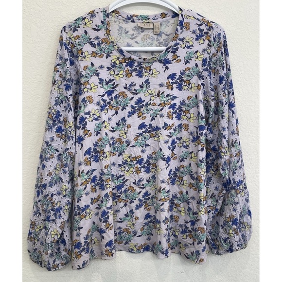 LOGO Lori Goldstein Tops - LOGO Lori Goldstein‎ Top Women's XS Purple Floral Eyelet Sleeve Flowy Blouse
